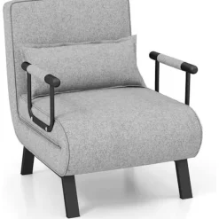 COSTWAY Fåtöljer>enkelsäng konvertibel fåtölj, 4-i-1 vardagsrumsfåtölj, 6-positions justerbart ryggstöd med ljusgrå kudde