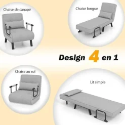 COSTWAY Fåtöljer>enkelsäng konvertibel fåtölj, 4-i-1 vardagsrumsfåtölj, 6-positions justerbart ryggstöd med ljusgrå kudde