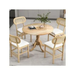 COSTWAY Matgrupper>Ensemble 5 Delar Runt Matbord i Trä och 4 Stolar i Syntetläder med Rottingsryggstöd för 4 Personer