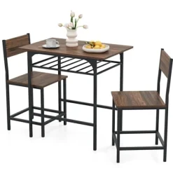 COSTWAY Matgrupper>Ensemble Bord och Stolar för Matplats för 2 Personer - Metallram, Brun Hylla