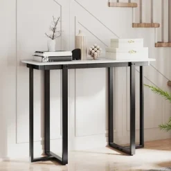 COSTWAY Småbord>Entrébord med Marmorimitation, Geometrisk Metallstruktur 107 x 40 x 79,5 cm för Vardagsrum, Korridor (Svart)