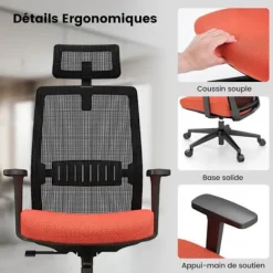COSTWAY Kontorsmöbler>Ergonomisk kontorsstol, justerbar sitthöjd 36-46 cm, med svankstöd, 3D nackstöd, maxbelastning. 180 kg