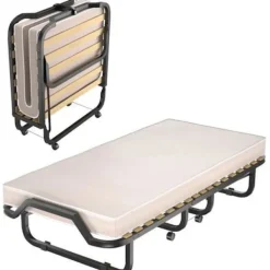 COSTWAY Sängar>Fällsäng 1 Person med Hjul 90 x 200 CM, Fällbar Gästsäng, 10 CM Minnesskummadrass, 15 Lattenbotten, Beige