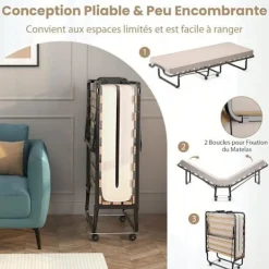 COSTWAY Sängar>Fällsäng 1 Person med Hjul 90 x 200 CM, Fällbar Gästsäng, 10 CM Minnesskummadrass, 15 Lattenbotten, Beige