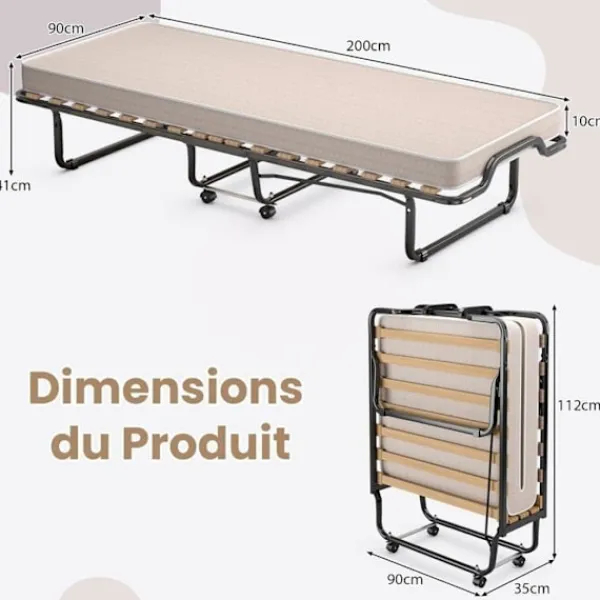 COSTWAY Sängar>Fällsäng 1 Person med Hjul 90 x 200 CM, Fällbar Gästsäng, 10 CM Minnesskummadrass, 15 Lattenbotten, Beige