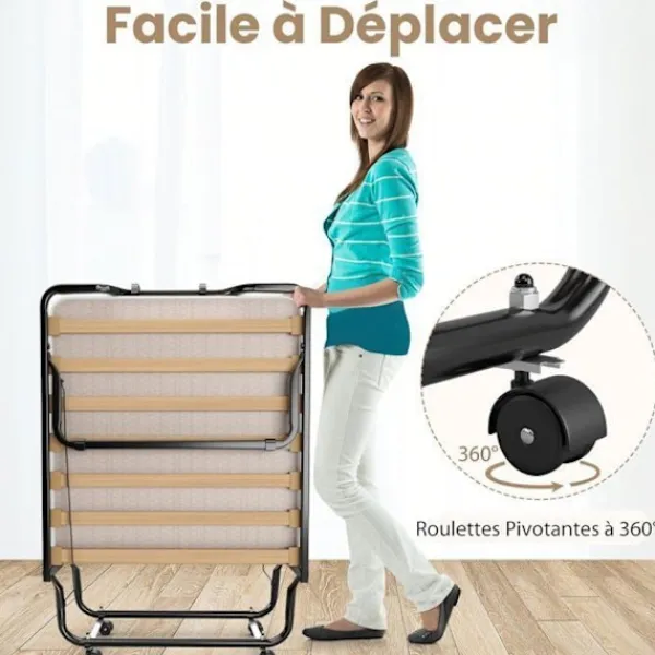 COSTWAY Sängar>Fällsäng 1 Person med Hjul 90 x 200 CM, Fällbar Gästsäng, 10 CM Minnesskummadrass, 15 Lattenbotten, Beige