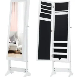 COSTWAY Sminkbord>Fristående smyckesskåp med spegelsmyckeskrin, kosmetiskt förvaringsskåp, 3 justerbara positioner, vit