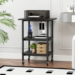 COSTWAY Kontorsmöbler>Förvaringshylla för Skrivare, Scanner, Fax med 3 nivåer, Låsbara hjul 49 x 40 x 65/77 cm (L x B x H) Svart