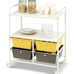 COSTWAY Hyllor>förvaringstorn, vagn på hjul - 4 lådor och 2 hyllor 63,5 x 37 x 75 CM metallram i gul och brun färg