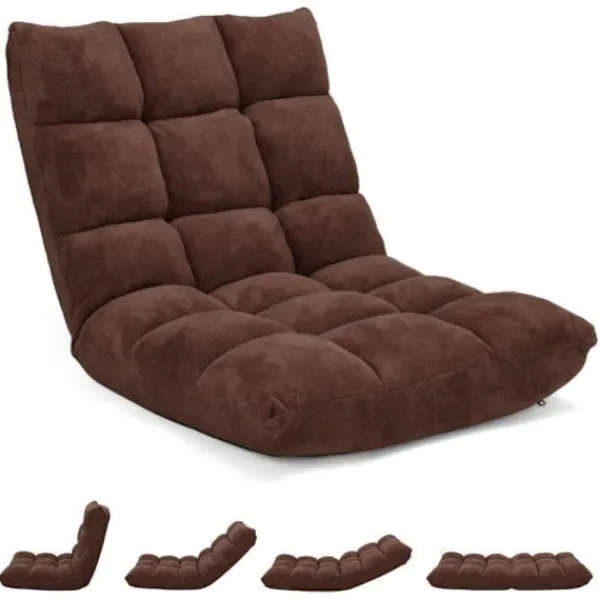 COSTWAY Fåtöljer>Golvstol Fjäderkopplad - Justerbart Ryggstöd i 14 Lutar 90°-180° Tatami Fåtölj för Läsning, Meditation Brun