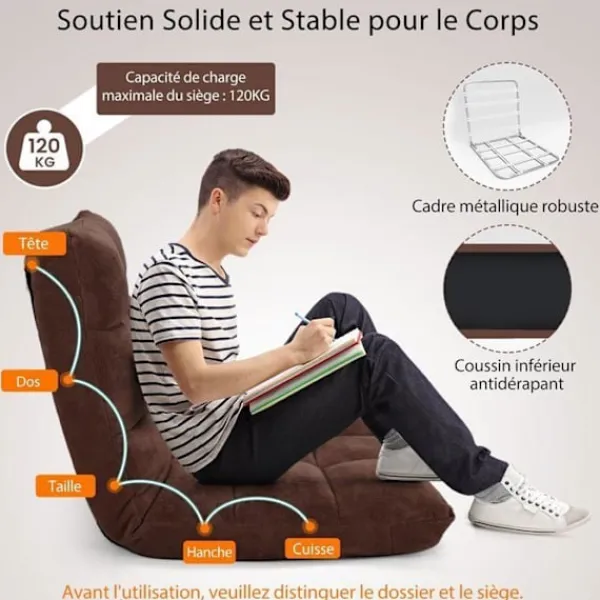 COSTWAY Fåtöljer>Golvstol Fjäderkopplad - Justerbart Ryggstöd i 14 Lutar 90°-180° Tatami Fåtölj för Läsning, Meditation Brun