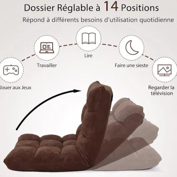 COSTWAY Fåtöljer>Golvstol Fjäderkopplad - Justerbart Ryggstöd i 14 Lutar 90°-180° Tatami Fåtölj för Läsning, Meditation Brun