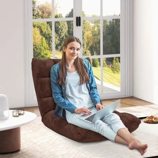 COSTWAY Fåtöljer>Golvstol Fjäderkopplad - Justerbart Ryggstöd i 14 Lutar 90°-180° Tatami Fåtölj för Läsning, Meditation Brun