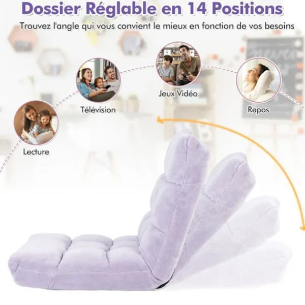 COSTWAY Fåtöljer>Golvstol Fåtölj - Justerbart Ryggstöd i 14 Läge 90°-180° Tatami Fåtölj för Läsning, Meditation Ljust Lila