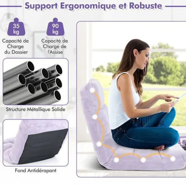 COSTWAY Fåtöljer>Golvstol Fåtölj - Justerbart Ryggstöd i 14 Läge 90°-180° Tatami Fåtölj för Läsning, Meditation Ljust Lila