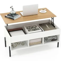 COSTWAY Soffbord>Höj- och sänkbar Soffbord, 3 Kompartiment, Dold Förvaring, Metallben, 100 x 50 x 45-60cm Soffbord Natur Vit