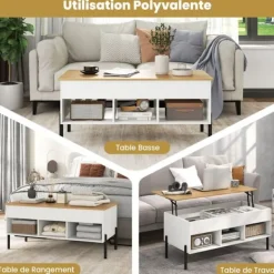 COSTWAY Soffbord>Höj- och sänkbar Soffbord, 3 Kompartiment, Dold Förvaring, Metallben, 100 x 50 x 45-60cm Soffbord Natur Vit