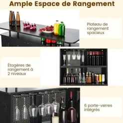 COSTWAY Sideboards>Home Barbord med 2 vinhyllor och 6 glashållare, metallfotstöd, 7 justerbara ben,