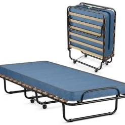 COSTWAY Sängar>hopfällbar säng på hjul, 80 x 190 CM, extrasäng med 6,5 CM skummadrass för hem och kontor, blå
