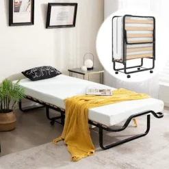 COSTWAY Sängar>hopfällbar säng 80x199 CM med 10 cm tjock skummadrass, hopfällbar säng för 1 person med 15 träribbor