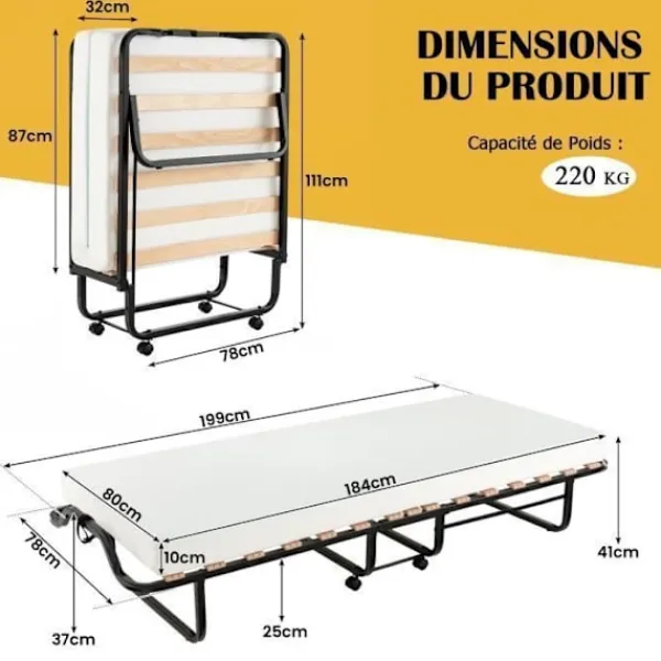 COSTWAY Sängar>hopfällbar säng 80x199 CM med 10 cm tjock skummadrass, hopfällbar säng för 1 person med 15 träribbor