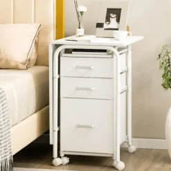 COSTWAY Kontorsmöbler>hopfällbart skrivbord på hjul - 3 lådor - 105 x 50 x 75 CM, metallram för sovsal, lägenhet, vit