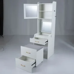 COSTWAY Sminkbord>Hårfrisör och Mobil Stol på Hjul, Fällspegel, Laddningsstation, Lådor, Dörr, Justerbar Hylla med 3 Nivåer