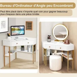 COSTWAY Kontorsmöbler>Hörnbord - 2 lådor och 1 hylla - B 70,5 x D 70,5 x H 75 CM - Modern Scandinavian - datorbord