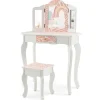 COSTWAY Sminkbord>2-i-1 sminkbord för 3-7 åringar med löstagbar 3-faldig spegel, sminkbord med pall och låda, rosa