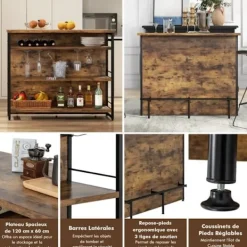 COSTWAY Köksö>Industrial Center Island, 4-vånings barbord med 3 öppna hyllor, vinställ och konsoler, 120 x 60 x 101 cm