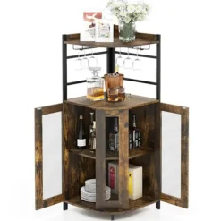 COSTWAY Sideboards>industriköksskänk 48 x 48 x 130 CM med glashållare och justerbar hylla, anti-tiltsats, brun