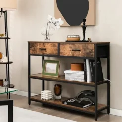 COSTWAY Sideboards>industrikonsolbord 3 våningar, 2 lådor - 100 x 30 x 80 cm Rustik brun metallram