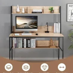 COSTWAY Kontorsmöbler>Industriskrivbord med förvaringsbokhylla, 120 x 57 x 140 cm, naturligt