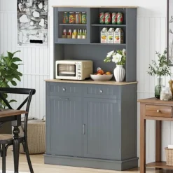 COSTWAY Sideboards>Kök Buffé med Dubbel Lutande Soptunna 38L, Gummiträ Bänk, Justerbara Hyllor, Förvaringsskåp