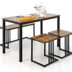 COSTWAY Matgrupper>köksbordsset - 2 bänkar - 2 pallar, industriell stil, rustik brun och svart metallstomme