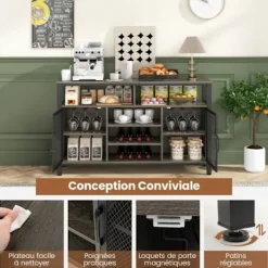 COSTWAY Sideboards>Köksskänk - 8 flaskvinställ, 6 rader med glashållare, 2 dörrar - Matsal, Vardagsrum - Grå