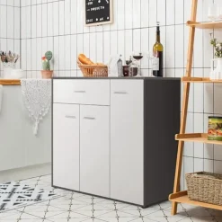 COSTWAY Sideboards>Köksskänk - 2 skåp, stor låda, ställbar hylla - Låg skänk - 88x40x80 CM - Vardagsrum, Matsal - Svart+Vit