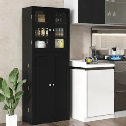 COSTWAY Sideboards>Köksskänk med 2 glasdörrar och 2 multiförvaringsdörrar, för vardagsrum, kök, hall, 60 x 31,5 x 161,5 cm, svart