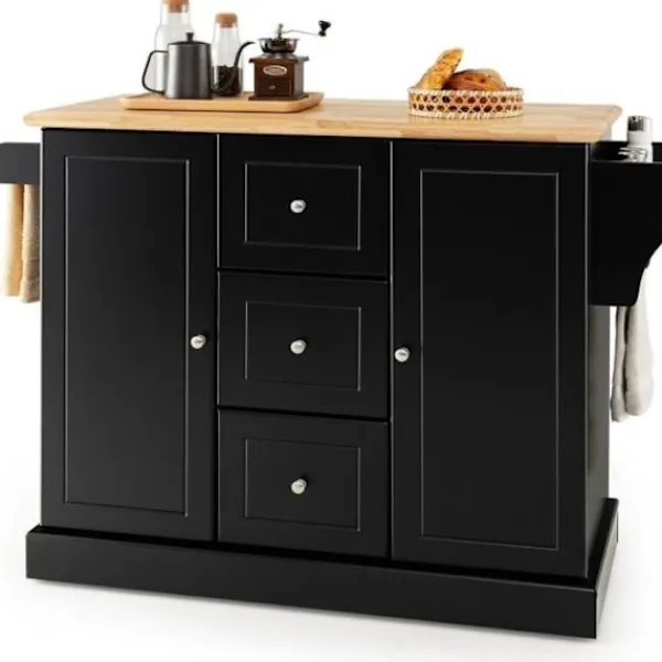 COSTWAY Köksö>köksvagn - 5 dolda hjul - Central Kitchen Island - Dörr, lådor, handduksställ, kryddställ -