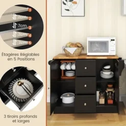 COSTWAY Köksö>köksvagn - 5 dolda hjul - Central Kitchen Island - Dörr, lådor, handduksställ, kryddställ -