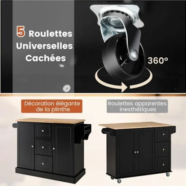 COSTWAY Köksö>köksvagn - 5 dolda hjul - Central Kitchen Island - Dörr, lådor, handduksställ, kryddställ -