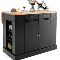 COSTWAY Köksö>Köksvagn Central Kitchen Island - Vikbara bänkskivor, lådor, 2 dörrar, justerbar hylla - Svart