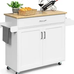 COSTWAY Köksö>köksvagn, köksö på hjul med stort skåp, låda, kryddhylla och handdukshylla