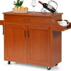 COSTWAY Köksö>köksvagn, köksö på hjul med stort skåp, låda, kryddställ och handduksställ Brun