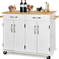 COSTWAY Köksö>köksvagn på hjul - 2 lådor, 2 dubbeldörrsskåp, justerbara hyllor - Kitchen Island-vagn -