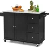 COSTWAY Köksö>Köksvagn på hjul - Bricka i rostfritt stål. - Island Kitchen Cart - 3 lådor, 2 dörrar och kryddställ, svart
