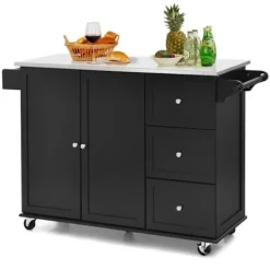 COSTWAY Köksö>Köksvagn på hjul - Bricka i rostfritt stål. - Island Kitchen Cart - 3 lådor, 2 dörrar och kryddställ, svart