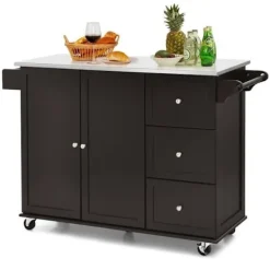 COSTWAY Köksö>Köksvagn på hjul - Bricka i rostfritt stål. - Köksövagn - 3 lådor, 2 dörrar och kryddställ, kaffe