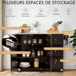 COSTWAY Köksö>Köksvagn på hjul - Bricka i rostfritt stål. - Köksövagn - 3 lådor, 2 dörrar och kryddställ, kaffe