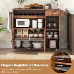 COSTWAY Köksö>Köksvagn på hjul - Fällbara bänkskivor Vinställ Glashållare Kryddställ - Köksö - Brun